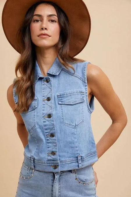 Annie Wear Collared Neck Button Down Denim Vest - Sleekdenim.com