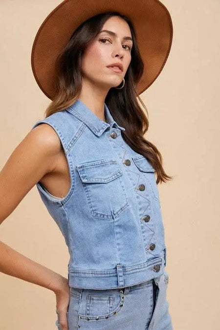 Annie Wear Collared Neck Button Down Denim Vest - Sleekdenim.com