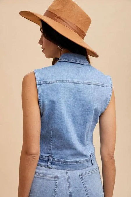 Annie Wear Collared Neck Button Down Denim Vest - Sleekdenim.com