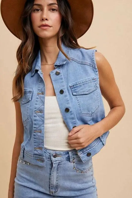 Annie Wear Collared Neck Button Down Denim Vest - Sleekdenim.com