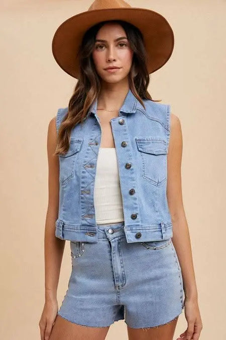 Annie Wear Collared Neck Button Down Denim Vest - Sleekdenim.com