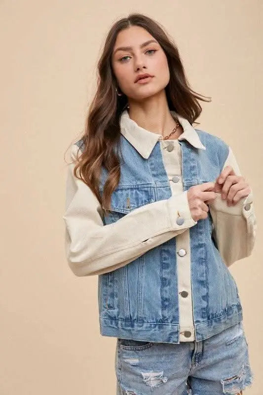 Annie Wear Collared Neck Double Placket Denim Jacket - Sleekdenim.com