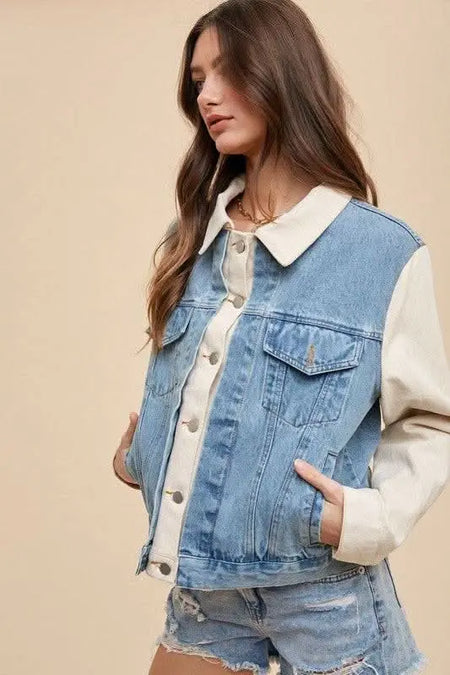 Annie Wear Collared Neck Double Placket Denim Jacket - Sleekdenim.com