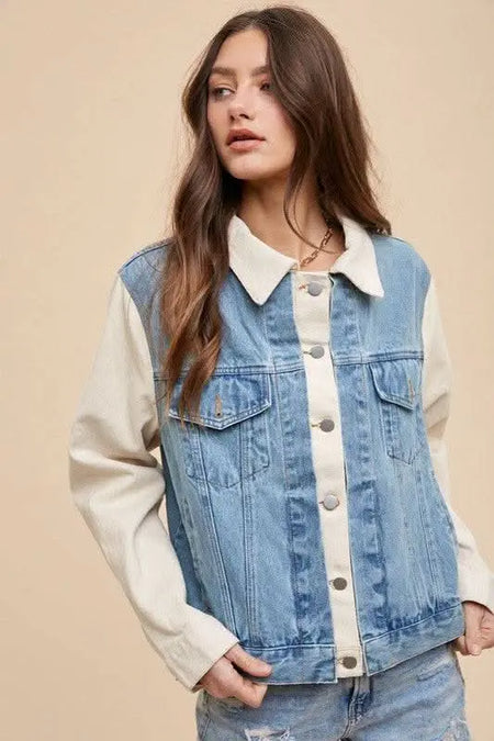 Annie Wear Collared Neck Double Placket Denim Jacket - Sleekdenim.com