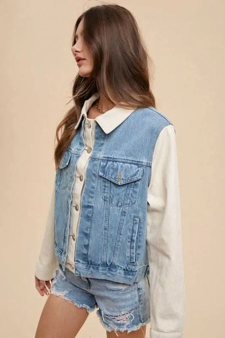 Annie Wear Collared Neck Double Placket Denim Jacket - Sleekdenim.com