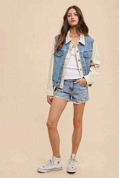 Annie Wear Collared Neck Double Placket Denim Jacket - Sleekdenim.com