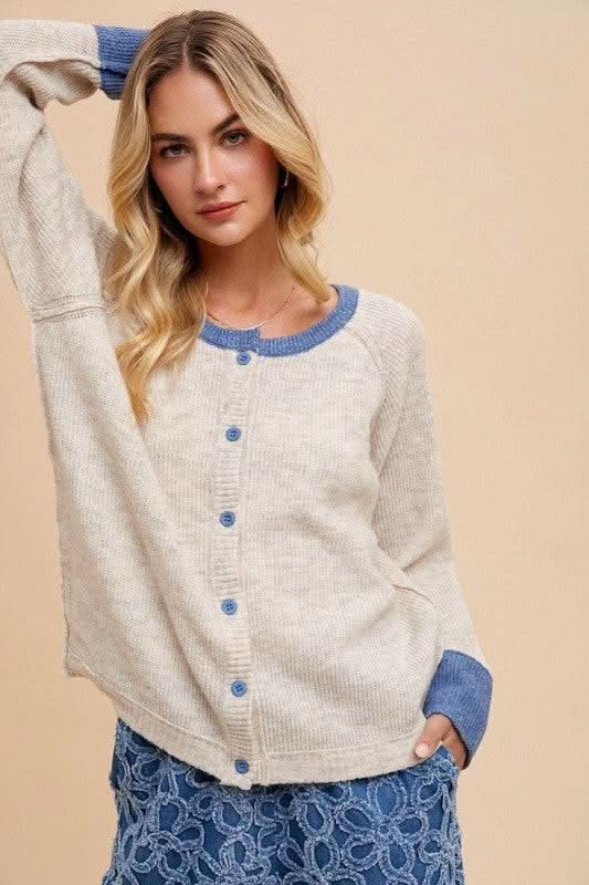 Annie Wear Contrast Trim Button Down Raglan Sleeve Cardigan - Sleekdenim.com