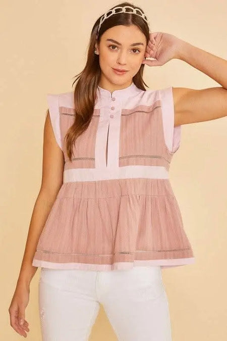 Annie Wear Contrast Trim Peplum Button Detail Blouse - Sleekdenim.com