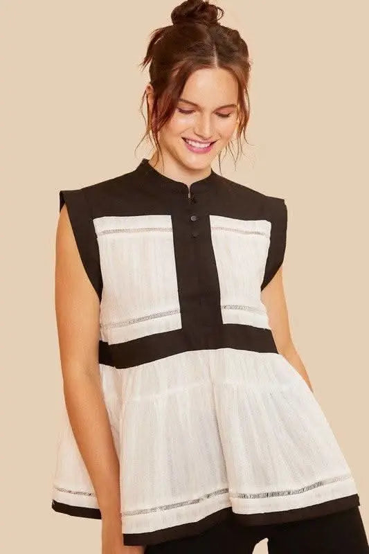 Annie Wear Contrast Trim Peplum Button Detail Blouse - Sleekdenim.com