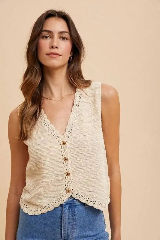 Annie Wear Crochet Trim Button Down Sweater Vest - Sleekdenim.com