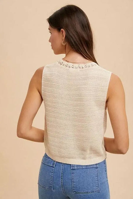 Annie Wear Crochet Trim Button Down Sweater Vest - Sleekdenim.com