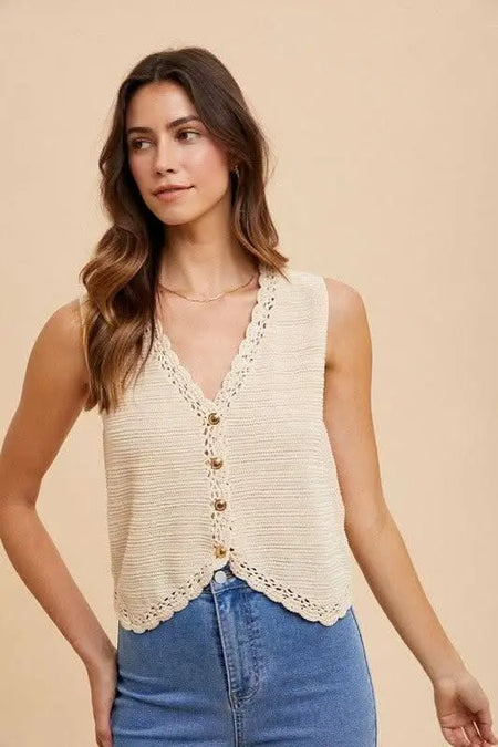 Annie Wear Crochet Trim Button Down Sweater Vest - Sleekdenim.com