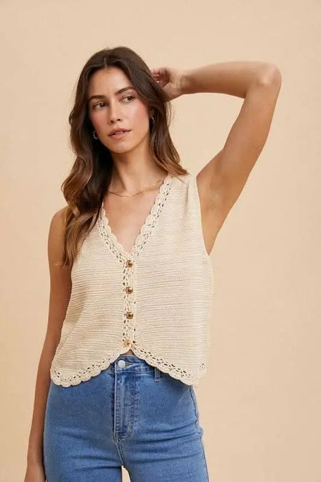 Annie Wear Crochet Trim Button Down Sweater Vest - Sleekdenim.com