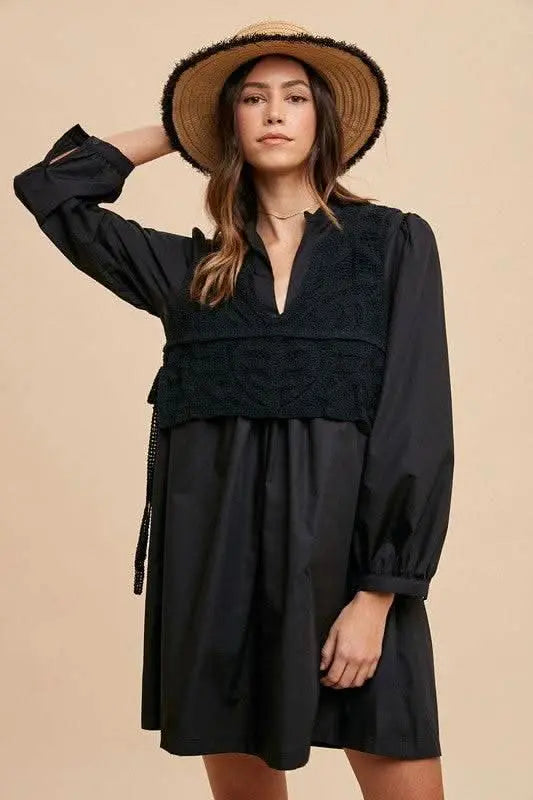 Annie Wear Crochet Vest Notched Long Sleeve Shirt Dress - Sleekdenim.com