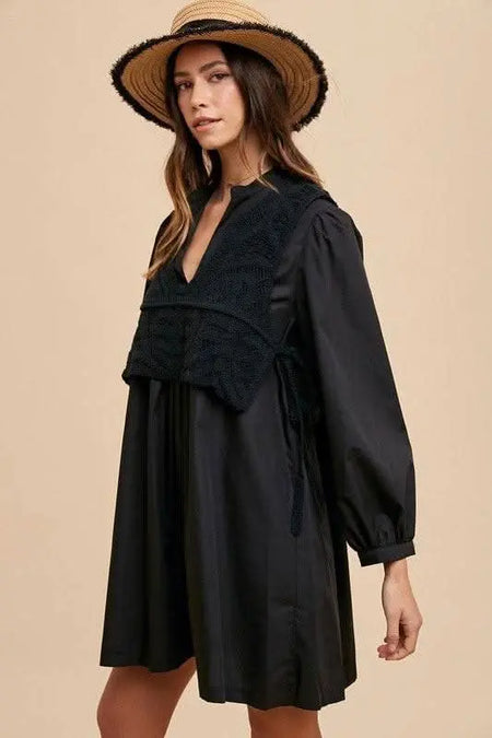 Annie Wear Crochet Vest Notched Long Sleeve Shirt Dress - Sleekdenim.com