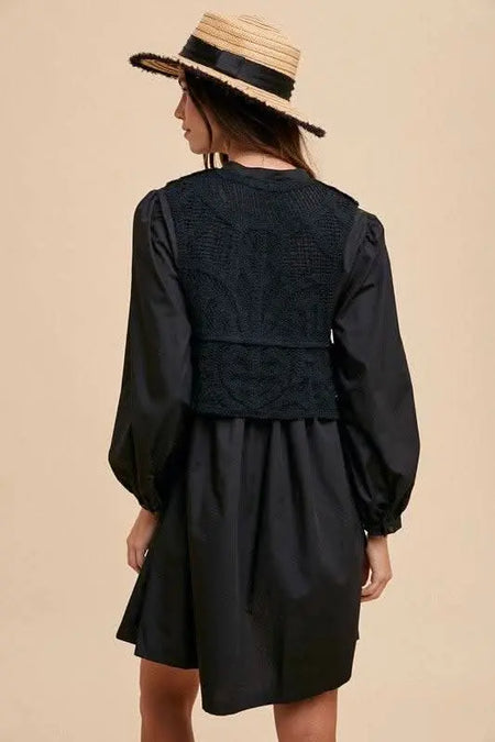 Annie Wear Crochet Vest Notched Long Sleeve Shirt Dress - Sleekdenim.com