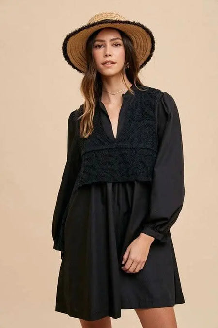 Annie Wear Crochet Vest Notched Long Sleeve Shirt Dress - Sleekdenim.com