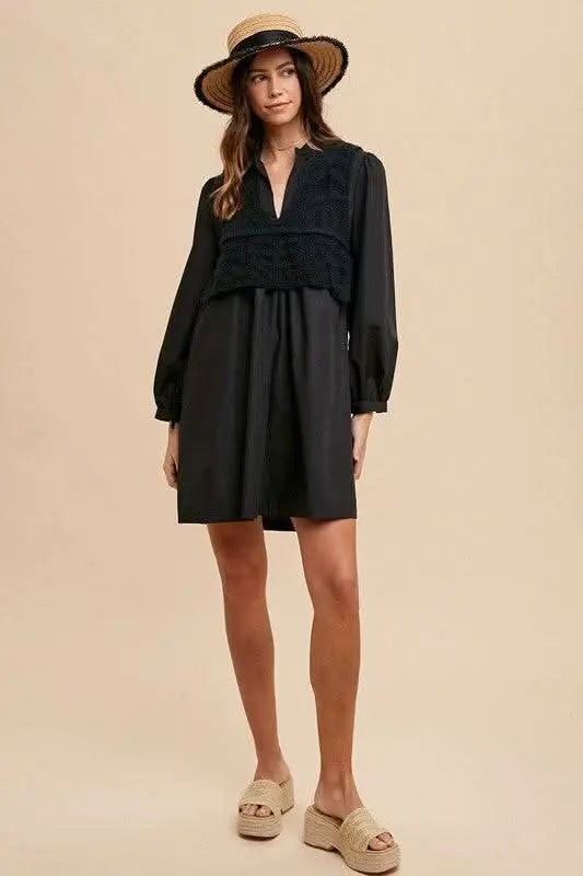 Annie Wear Crochet Vest Notched Long Sleeve Shirt Dress - Sleekdenim.com