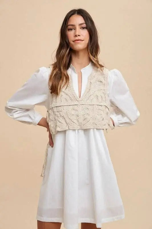 Annie Wear Crochet Vest Notched Long Sleeve Shirt Dress - Sleekdenim.com