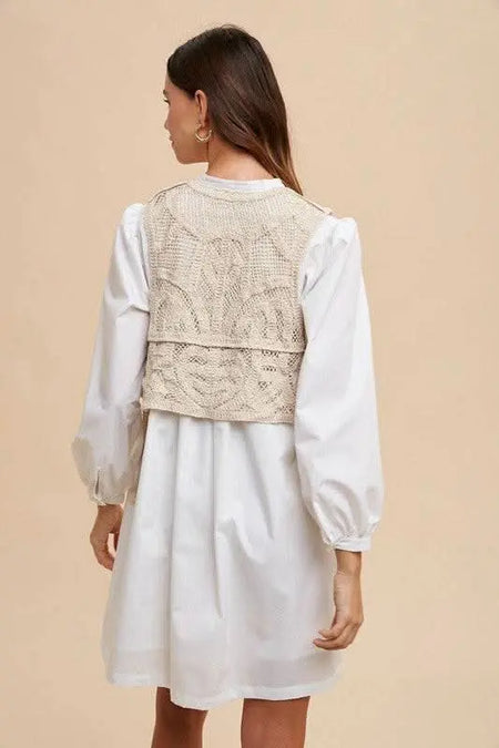 Annie Wear Crochet Vest Notched Long Sleeve Shirt Dress - Sleekdenim.com