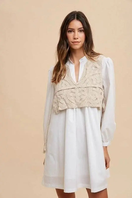 Annie Wear Crochet Vest Notched Long Sleeve Shirt Dress - Sleekdenim.com