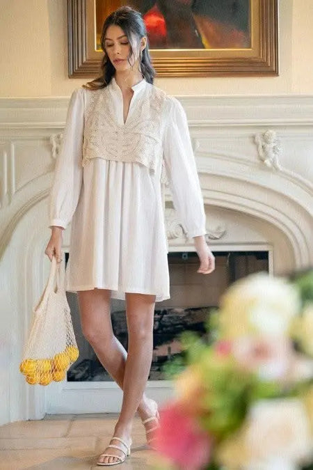 Annie Wear Crochet Vest Notched Long Sleeve Shirt Dress - Sleekdenim.com