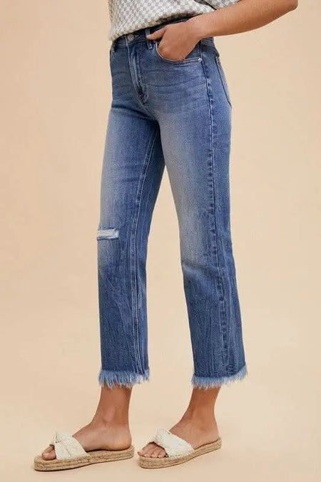 Annie Wear Distressed Raw Hem Straight Leg Cropped Jeans - Sleekdenim.com