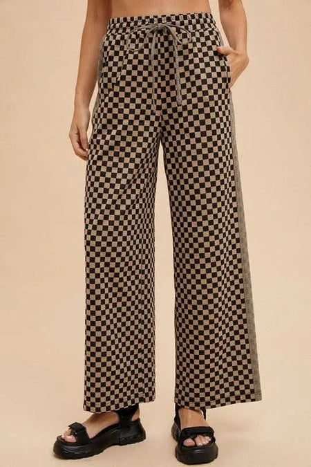 Annie Wear Drawstring Checkered Wide Leg Pants - Sleekdenim.com