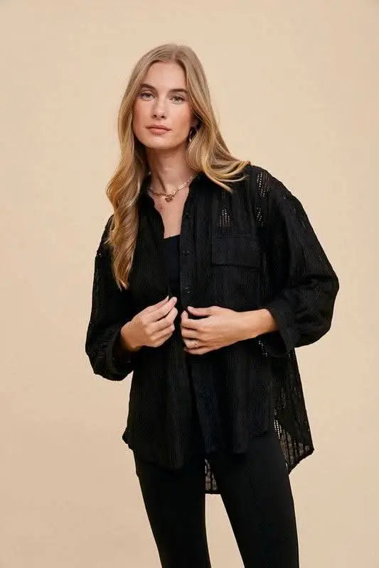 Annie Wear Openwork Button Down Drop Shoulder Shirt - Sleekdenim.com