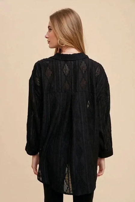 Annie Wear Openwork Button Down Drop Shoulder Shirt - Sleekdenim.com