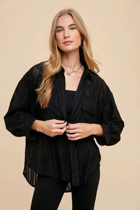 Annie Wear Openwork Button Down Drop Shoulder Shirt - Sleekdenim.com