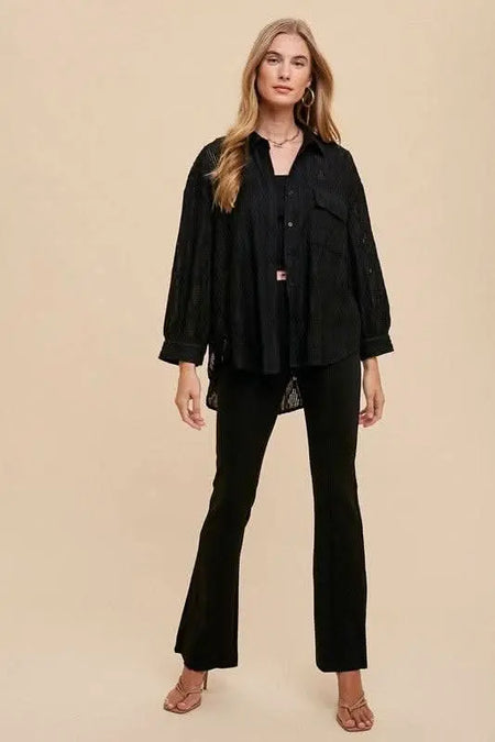 Annie Wear Openwork Button Down Drop Shoulder Shirt - Sleekdenim.com