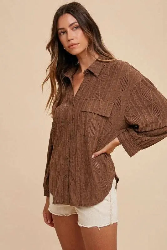 Annie Wear Openwork Button Down Drop Shoulder Shirt - Sleekdenim.com