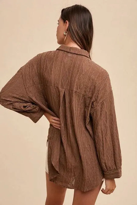 Annie Wear Openwork Button Down Drop Shoulder Shirt - Sleekdenim.com