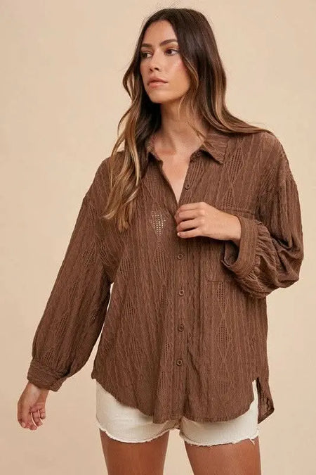 Annie Wear Openwork Button Down Drop Shoulder Shirt - Sleekdenim.com