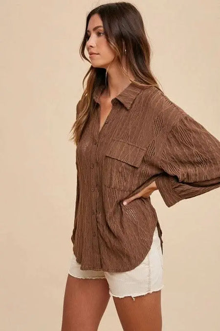 Annie Wear Openwork Button Down Drop Shoulder Shirt - Sleekdenim.com