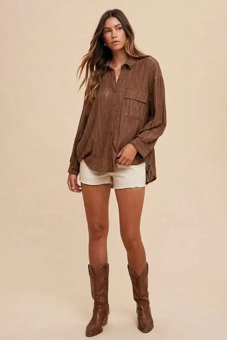 Annie Wear Openwork Button Down Drop Shoulder Shirt - Sleekdenim.com