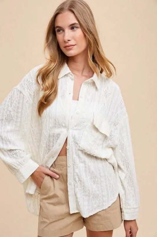 Annie Wear Openwork Button Down Drop Shoulder Shirt - Sleekdenim.com