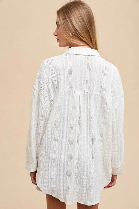 Annie Wear Openwork Button Down Drop Shoulder Shirt - Sleekdenim.com