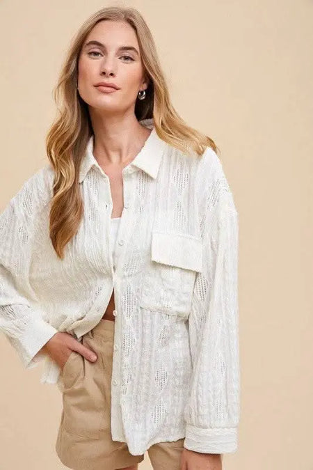 Annie Wear Openwork Button Down Drop Shoulder Shirt - Sleekdenim.com