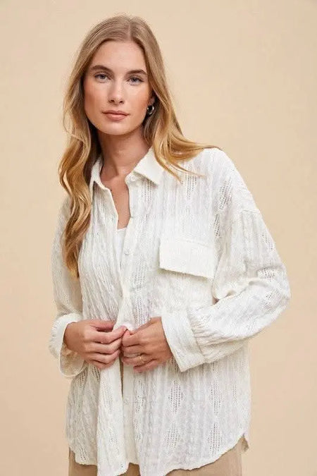 Annie Wear Openwork Button Down Drop Shoulder Shirt - Sleekdenim.com