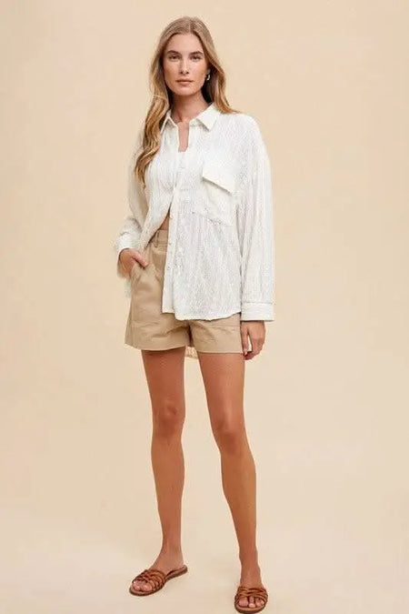 Annie Wear Openwork Button Down Drop Shoulder Shirt - Sleekdenim.com