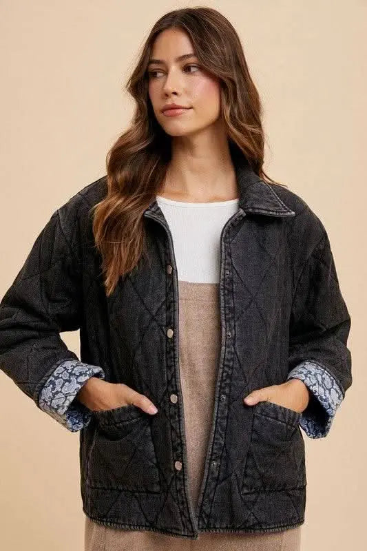 Annie Wear Quilted Printed Lining Snap Down Denim Jacket - Sleekdenim.com