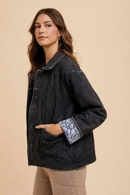 Annie Wear Quilted Printed Lining Snap Down Denim Jacket - Sleekdenim.com