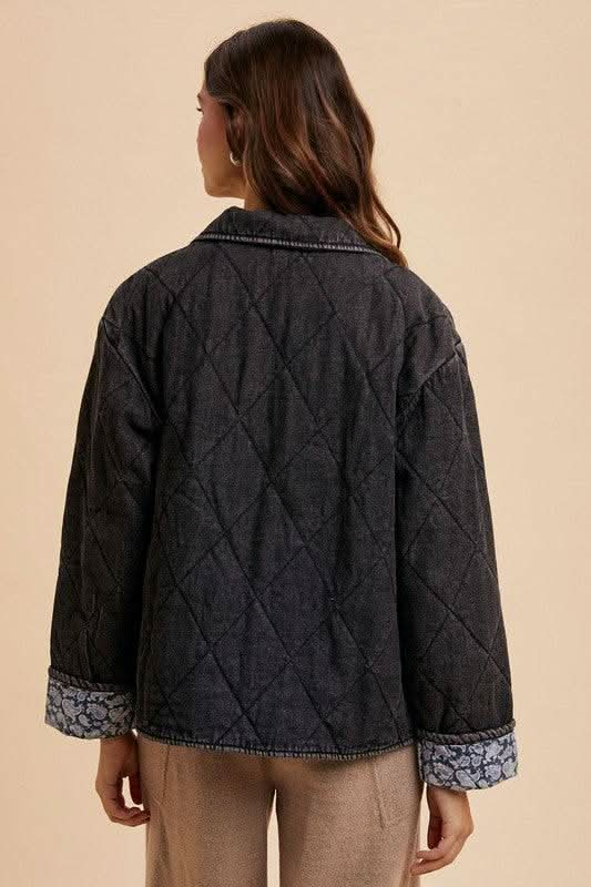 Annie Wear Quilted Printed Lining Snap Down Denim Jacket - Sleekdenim.com