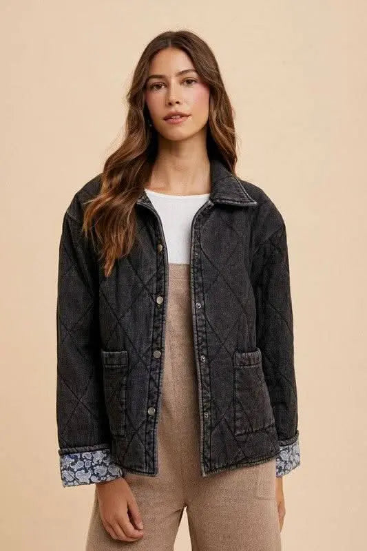 Annie Wear Quilted Printed Lining Snap Down Denim Jacket - Sleekdenim.com