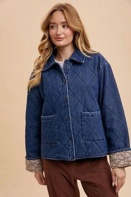 Annie Wear Quilted Printed Lining Snap Down Denim Jacket - Sleekdenim.com