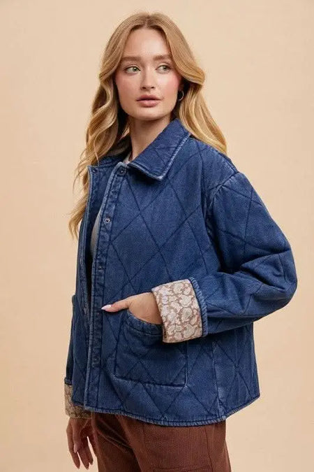 Annie Wear Quilted Printed Lining Snap Down Denim Jacket - Sleekdenim.com