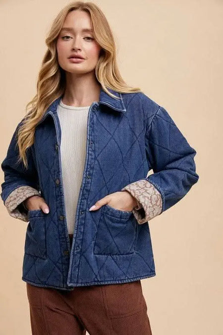 Annie Wear Quilted Printed Lining Snap Down Denim Jacket - Sleekdenim.com