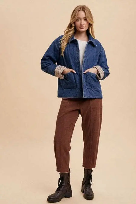 Annie Wear Quilted Printed Lining Snap Down Denim Jacket - Sleekdenim.com